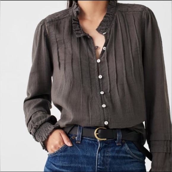 Faherty Tops - Faherty Willa Ruffled Boho 100% Organic Cotton Button Down Shirt, Charcoal, M